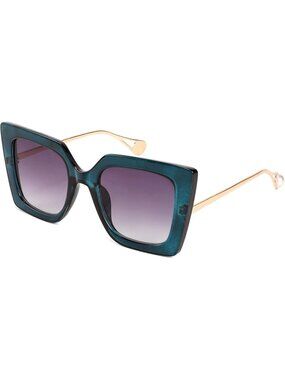 Women's Trendy Square Shades Pearl Inlay Cat Eye UV400 Protection Peacock Blue